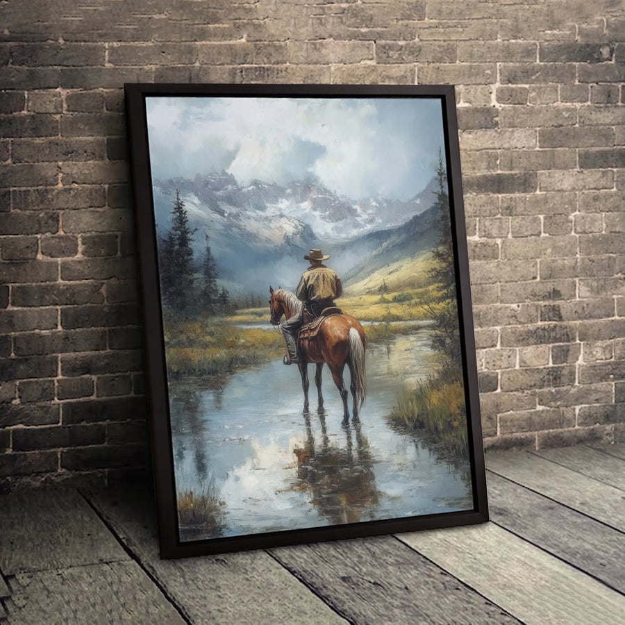 Cowboy On Horseback Wall Art | Western Mountain Landscape Print | Premium 1.25" Gallery Canvas | Rustic Home Decor For Living Room