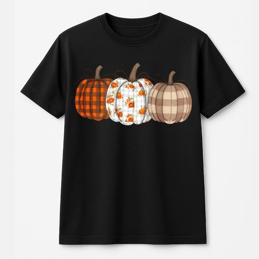 Fall Pumpkin Trio T-Shirt | Plaid & Floral Autumn Graphic Tee | Premium 100% Cotton | Thanksgiving Gift for Women & Girls