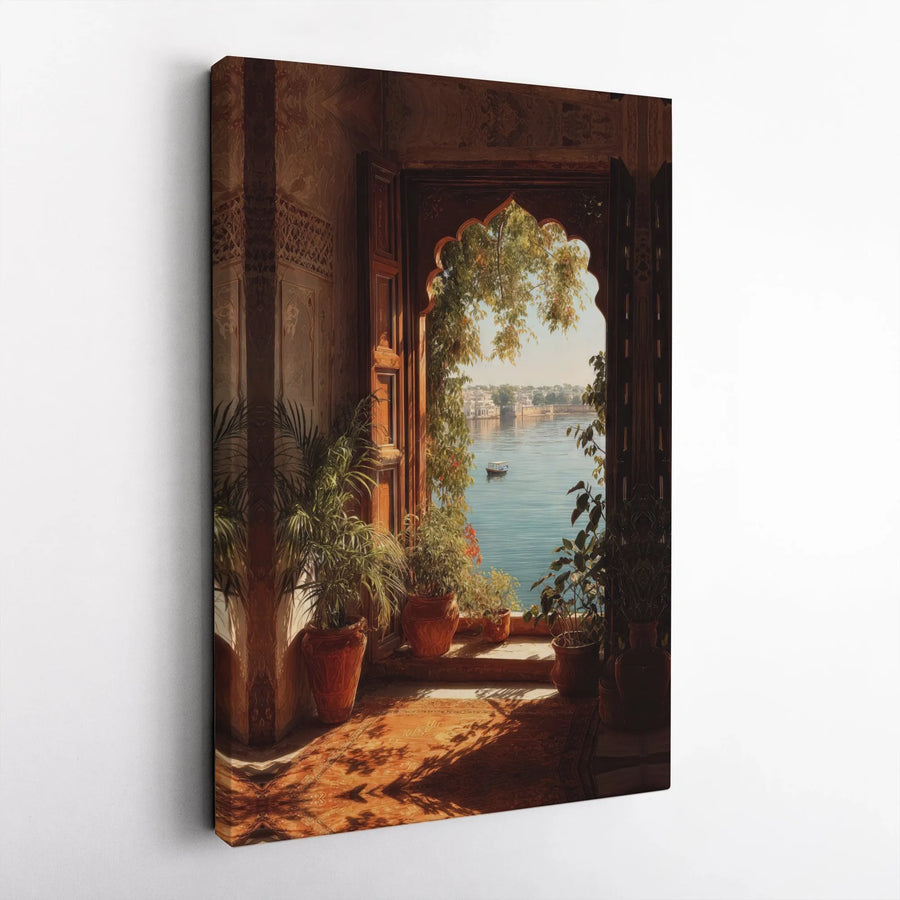 Indian Palace View Canvas Print | Ornate Archway Overlooking Water | Premium Canvas Wall Art | Gift for Traveler & Living Room Decor
