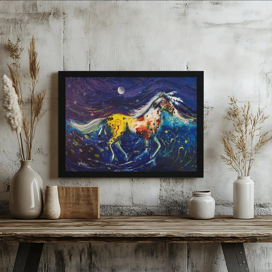 Native American Horse Wall Art | Starry Night Painted Pony Canvas | Gallery Wrapped Premium Decor | Southwest Style Gift for Home Office
