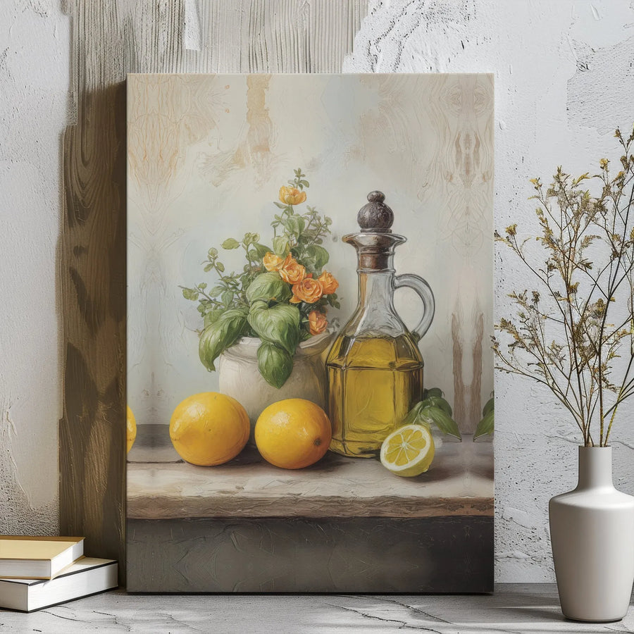 Still Life Kitchen Canvas Print | Lemons and Olive Oil Painting | 1.25 Inch Gallery Wrap | Mediterranean Decor for Home or Dining Room