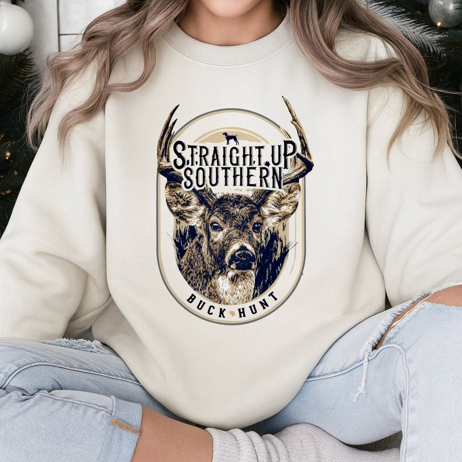 Deer Hunting Sweatshirt | Straight Up Southern Buck Graphic | Premium Cotton Blend Crewneck | Outdoor Country Lifestyle Gift for Hunters