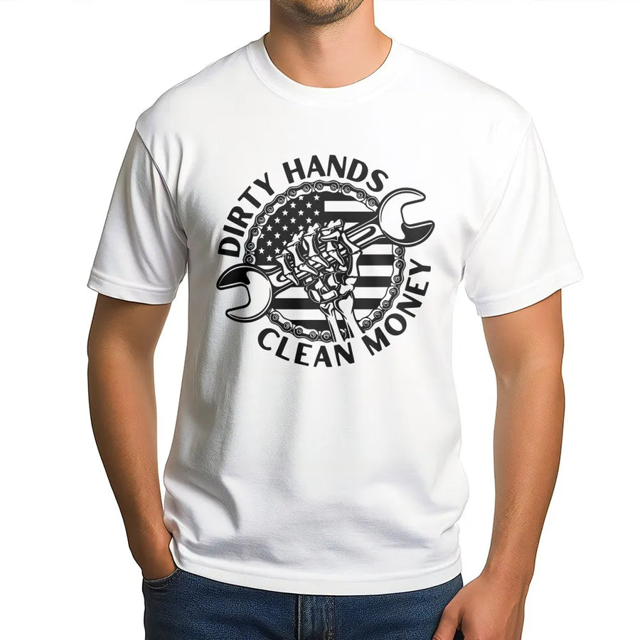 Mechanic T-Shirt | Dirty Hands Clean Money American Flag Graphic | Premium Cotton Blend | Gift for Blue Collar Worker Hard Worker