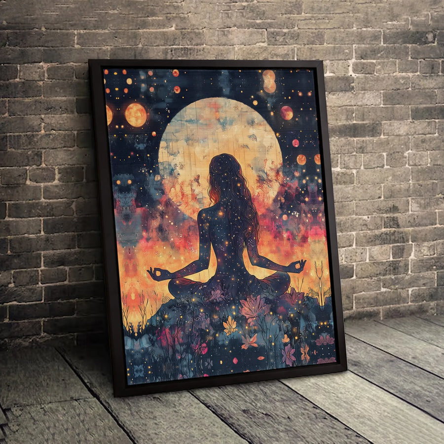 Meditating Woman Wall Art | Celestial Yoga Lotus Pose Decor | Premium Gallery Wrap Canvas | Spiritual Home Decor Gift for Her