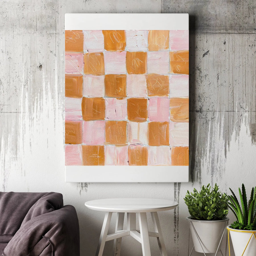 Abstract Checkered Vertical Canvas | Pink and Brown Textured Block Print | Premium Gallery Wrapped Canvas | Modern Minimalist Home Decor Gift
