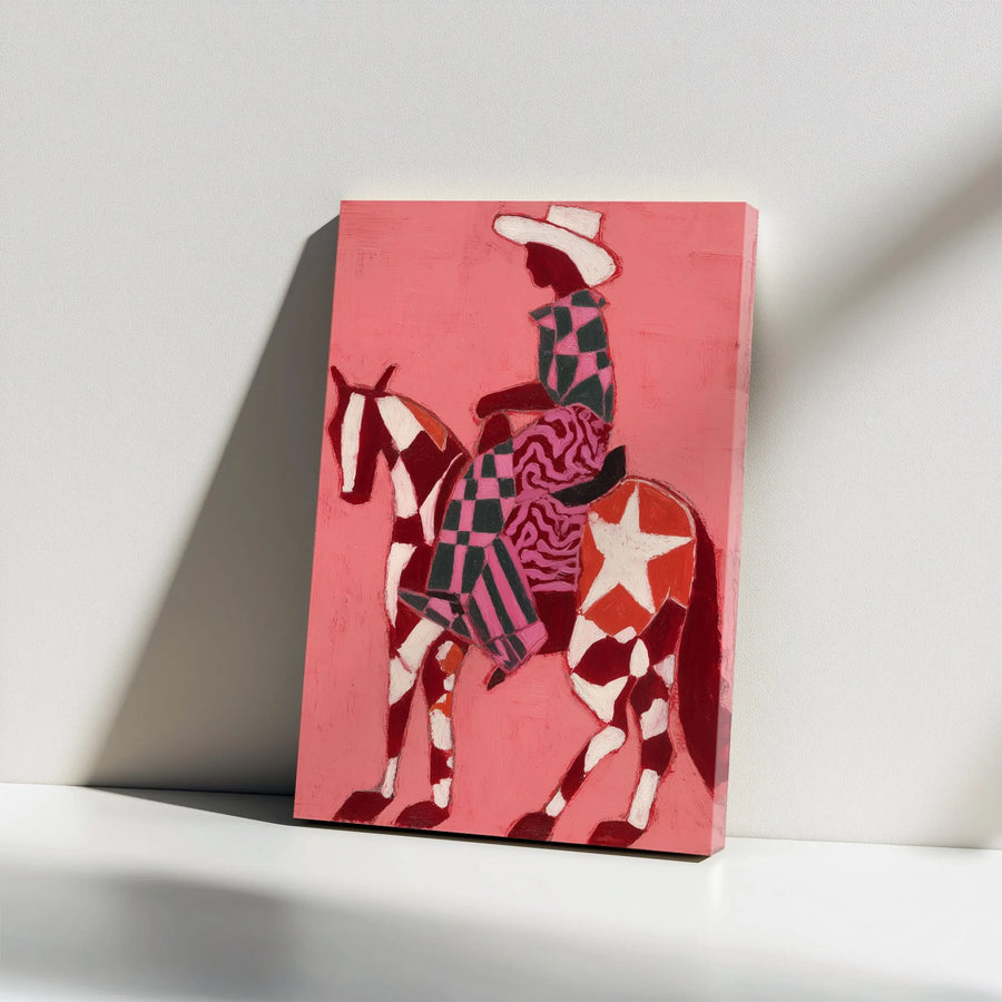 Pink Cowboy Canvas Wall Art | Abstract Western Rider with Patterned Horse | Premium Gallery Canvas Print | Modern Western Home Decor Gift