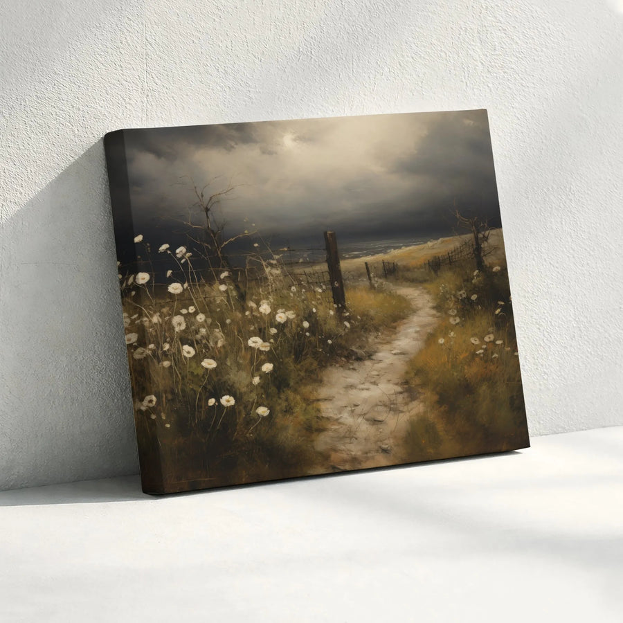 Moody Coastal Canvas Wall Art | Rustic Wildflower Path Painting Print | Premium Gallery Quality Canvas | Farmhouse Living Room Decor Gift