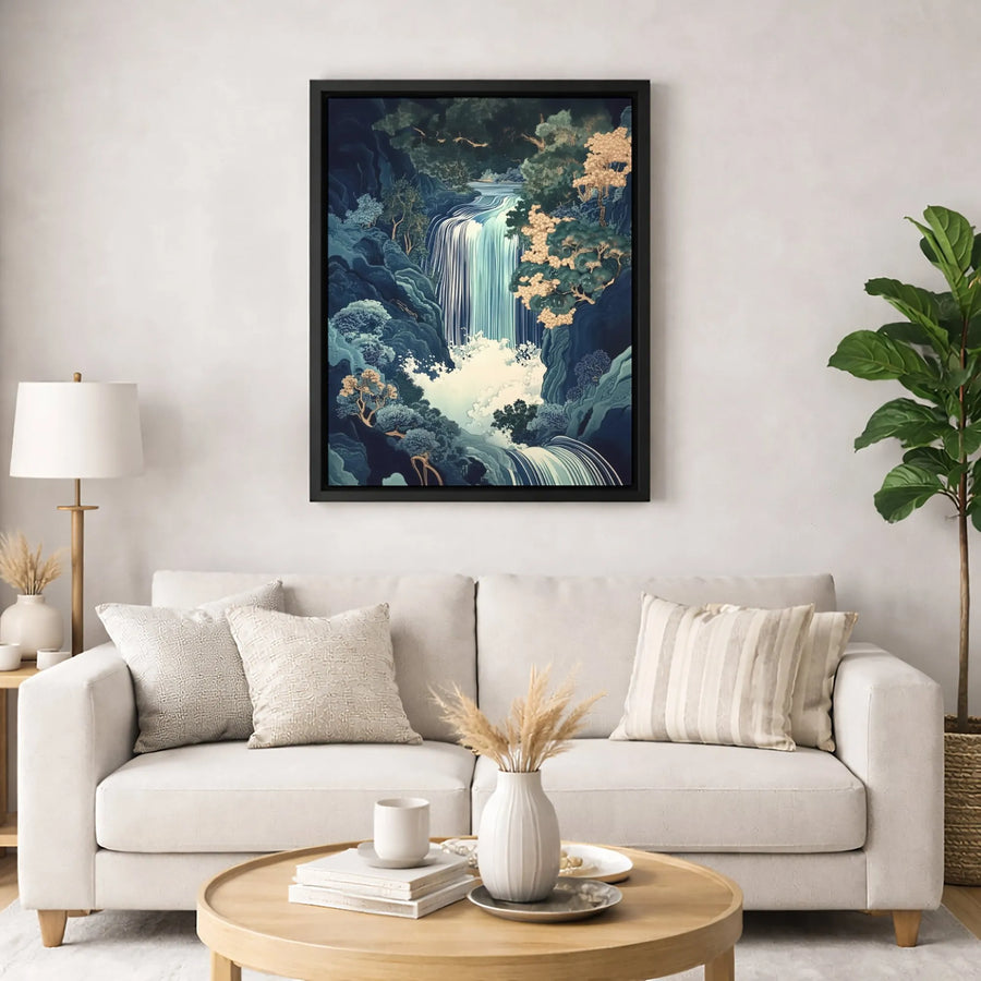Japanese Waterfall Wall Art | Ukiyo-e Inspired Forest Landscape | Premium 1.25" Gallery Wrapped Canvas | Modern Home Decor Gift