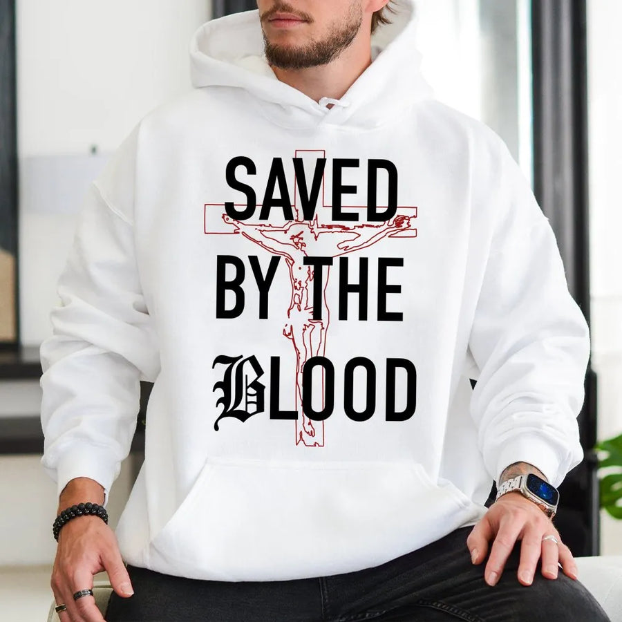 Saved By The Blood Hoodie | Religious Cross Graphic Design | Premium Cotton Blend | Christian Faith Apparel Gift For Men And Women