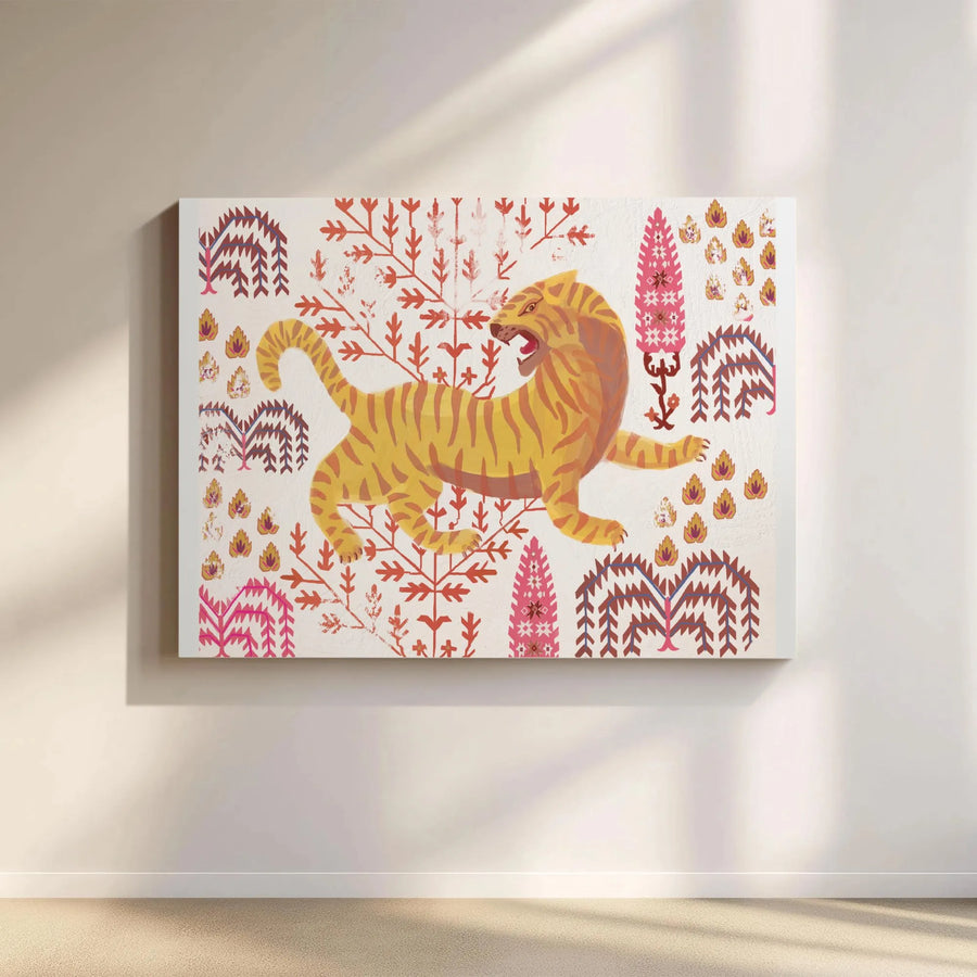 Tibetan Tiger Canvas Wall Art | Vintage Folk Art Illustration | Premium Gallery Wrapped Canvas | Eclectic Bohemian Home Decor Gift