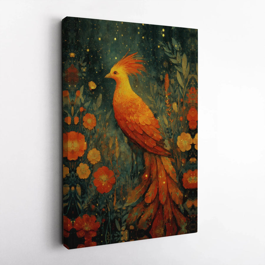 Phoenix Canvas Wall Art | Mystical Firebird & Floral Illustration | Premium Gallery Wrapped Canvas | Fantasy Lover Gift & Living Room Decor