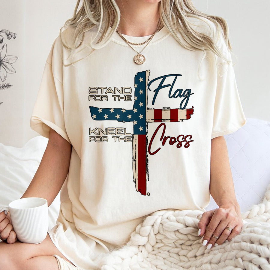Stand For The Flag Kneel For The Cross T-Shirt | Patriotic American Flag & Religious Cross Graphic | 100% Cotton Premium Tee | Faith & Country Gift for Men & Women