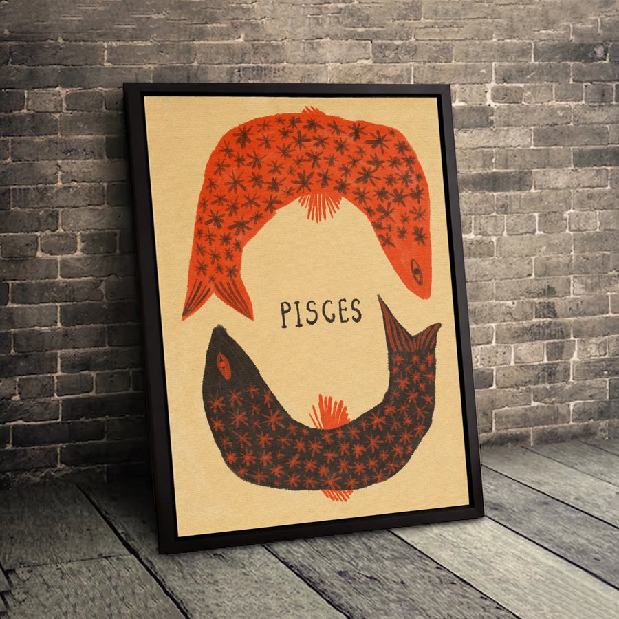 Pisces Zodiac Wall Art | Retro Bohemian Fish Astrology Print | Gallery Quality Stretched Canvas | Birthday Gift for Her or Him