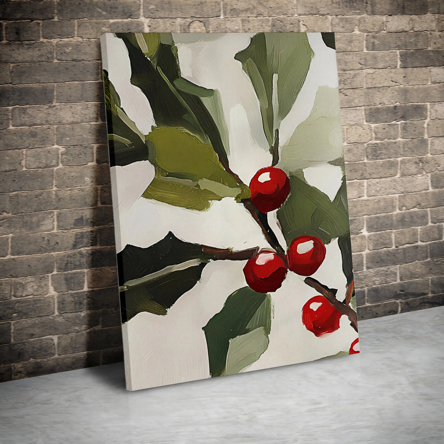 Abstract Christmas Holly Canvas Wall Art | Minimalist Red Berry Botanical Print | Gallery-Quality 1.25" Profile | Holiday Home Decor Gift