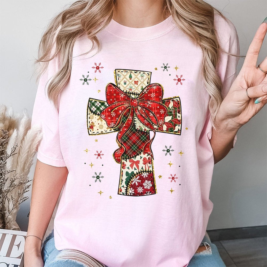 Patchwork Christmas Cross T-Shirt | Festive Religious Holiday Graphic | 100% Soft Cotton Premium Quality | Christian Gift For Women And Men
