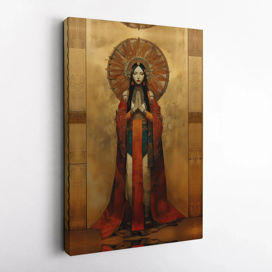 Futuristic Priestess Wall Art | Ornate Sun-Ray Halo Canvas | Premium Gallery-Wrapped Print | Spiritual Sci-Fi Home Decor Gift
