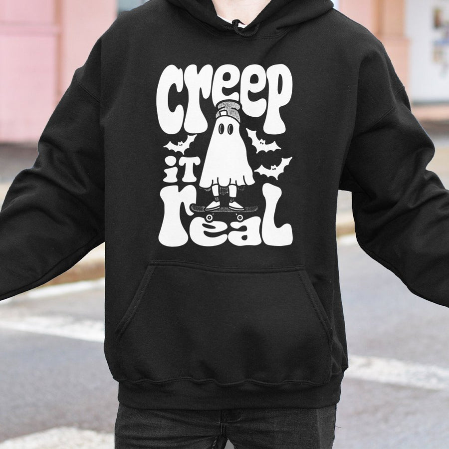 Creep It Real Ghost Hoodie | Retro Skateboarder Halloween Graphic | Premium Cotton Blend | Funny Spooky Gift for Skater Teens and Adults