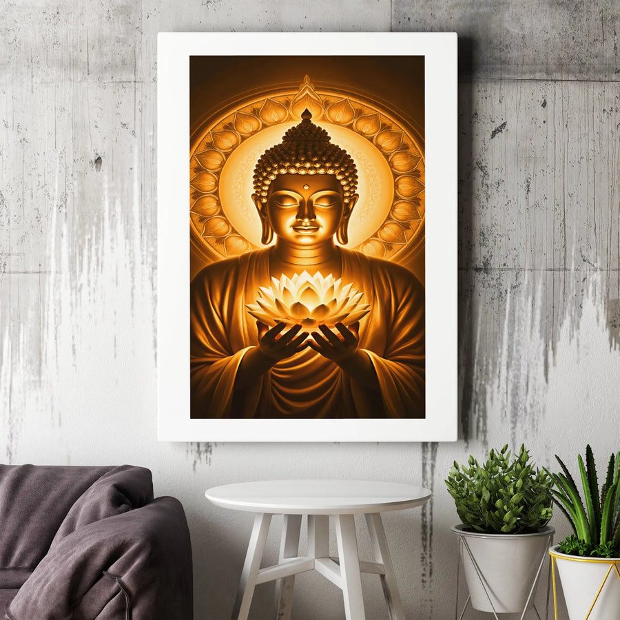 Golden Buddha Canvas Wall Art | Glowing Lotus Meditation Print | Premium Gallery Wrap 1.25" Profile | Spiritual Home Decor & Zen Gift