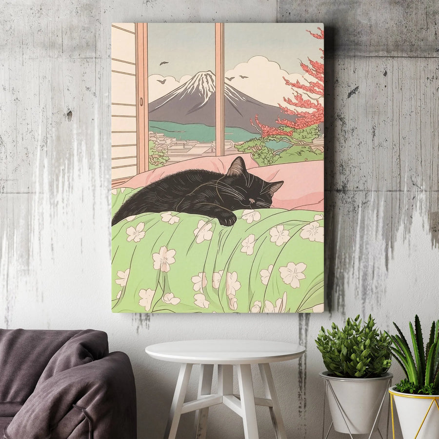 Japanese Black Cat Wall Art | Mount Fuji Cherry Blossom View | Premium Gallery Wrap Canvas | Cozy Home Decor Gift for Cat Lovers
