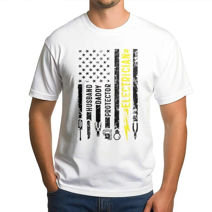 Electrician T-Shirt for Men | American Flag Husband Daddy Protector Design | Premium Cotton-Blend Sweatshirt | Patriotic Gift for Dad