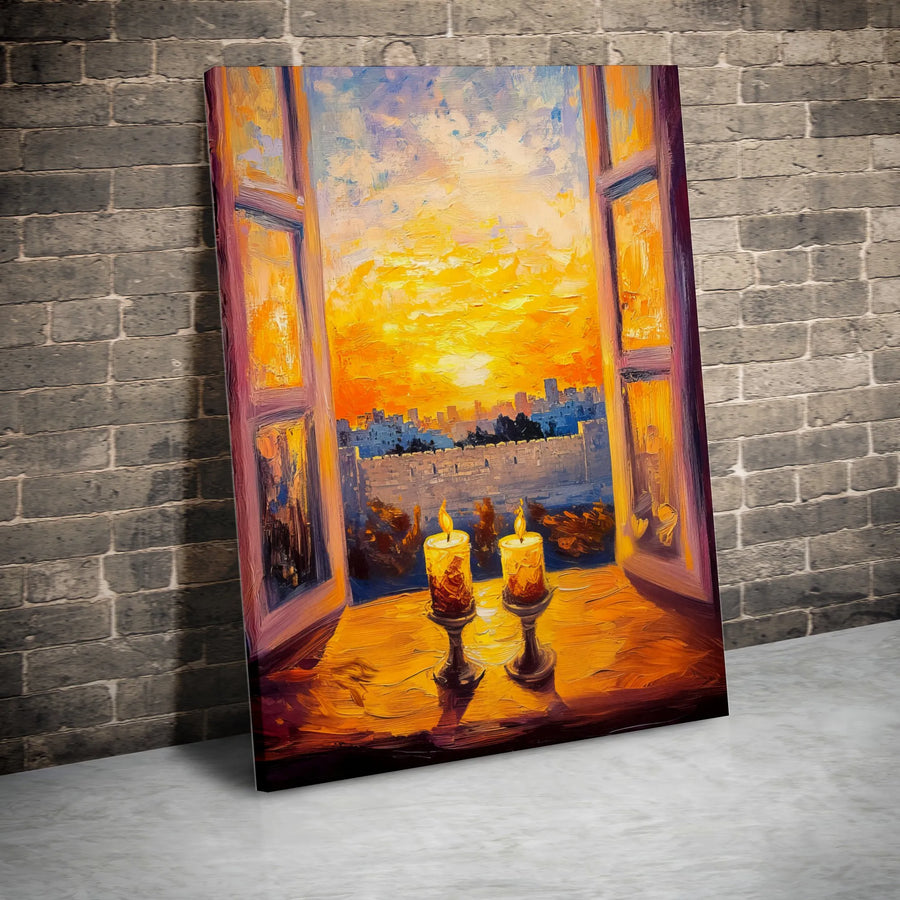 Shabbat Candles Wall Art | Jerusalem Western Wall Sunset View | Premium Gallery Wrap Canvas | Jewish Home Decor and Religious Gift