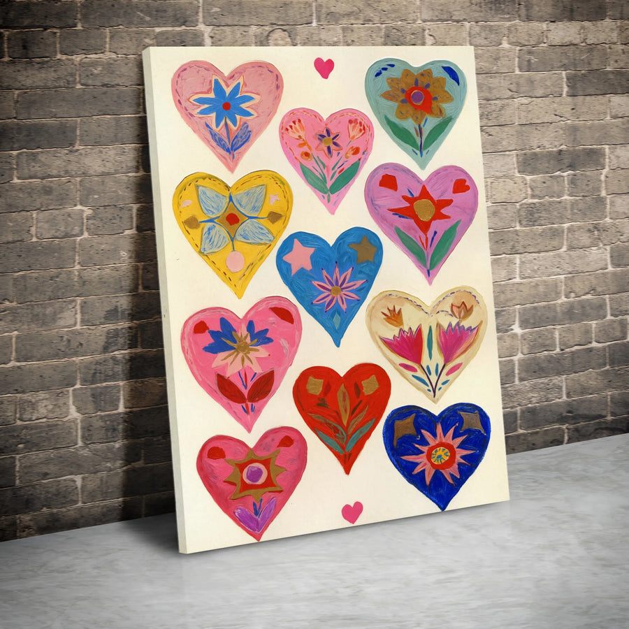 Folk Art Heart Wall Art | Colorful Floral Illustration | Premium Gallery Wrapped Canvas | Bohemian Home Decor Gift For Her