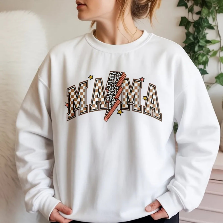 Mama Sweatshirt | Retro Checkered Lightning Bolt Graphic | Premium Cotton Blend | Perfect Mother's Day 2026 Gift For Mom