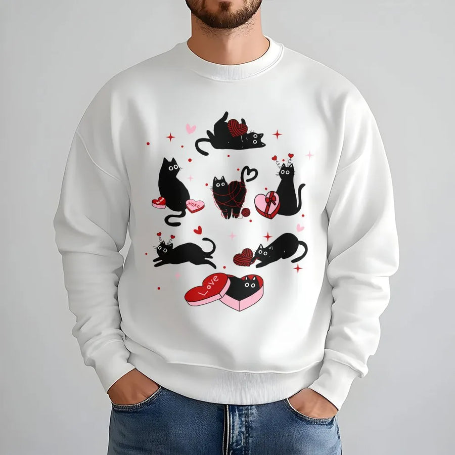Valentine Black Cat Sweatshirt | Cute Kitten Heart Graphic Print | Premium Soft Cotton Blend | Romantic Cat Lover Gift For Her