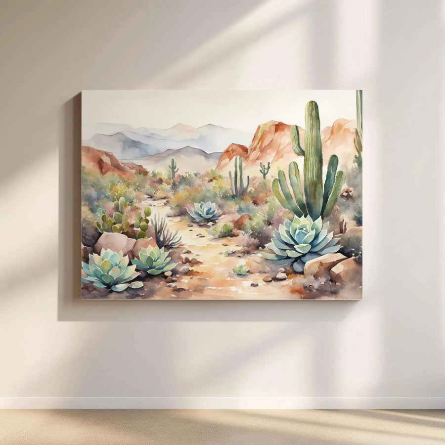 Desert Landscape Canvas Wall Art | Watercolor Saguaro Cactus Painting | Premium Gallery Wrapped Print | Boho Southwestern Home Decor