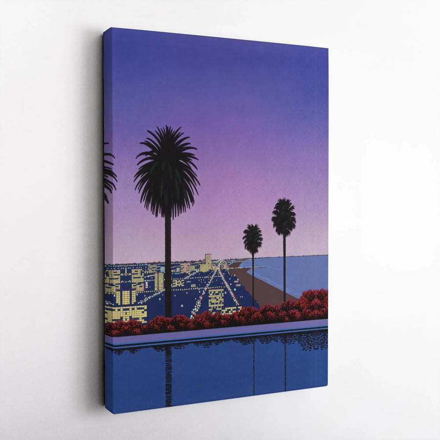 Vaporwave Cityscape Canvas Art | 80s Japanese Aesthetic Palm Tree Scene | Premium 1.25" Gallery Wrap | Modern Retro Home Decor Gift
