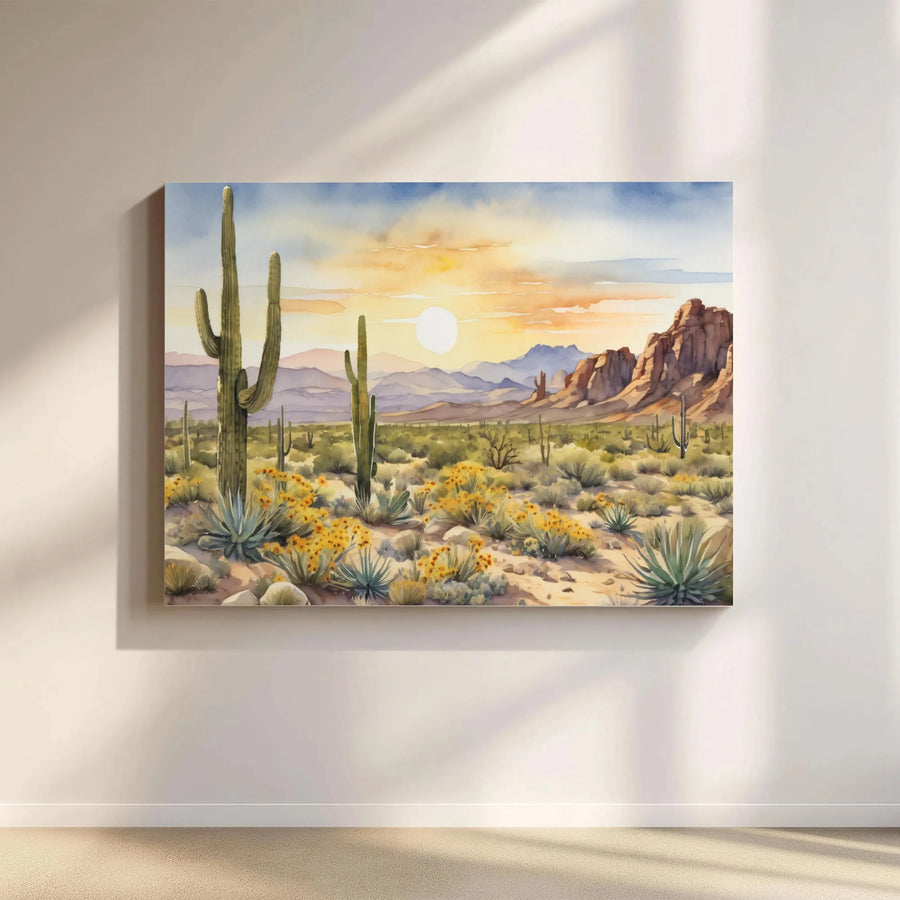 Arizona Desert Sunset Canvas Art | Watercolor Saguaro Cactus Wall Decor | Premium 1.25 Inch Gallery Wrap | Southwestern Home Decor Gift