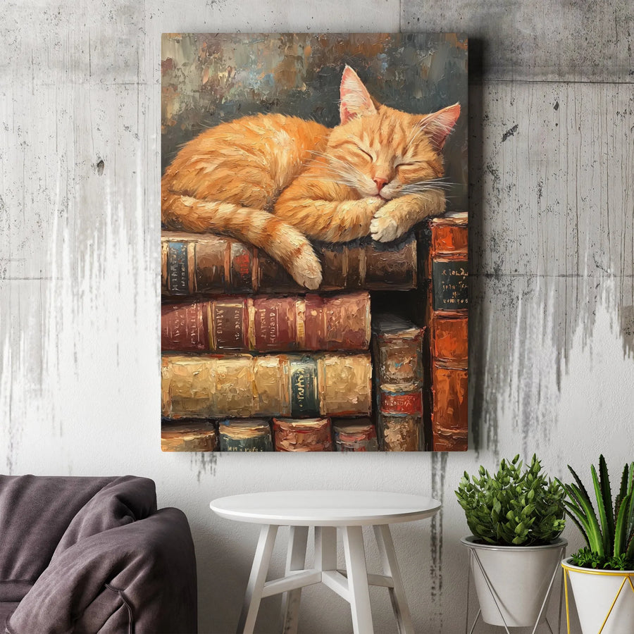 Sleeping Ginger Cat Canvas Print | Whimsical Library Book Stack Wall Art | Premium Gallery-Wrapped Canvas | Gift for Cat Lovers and Readers