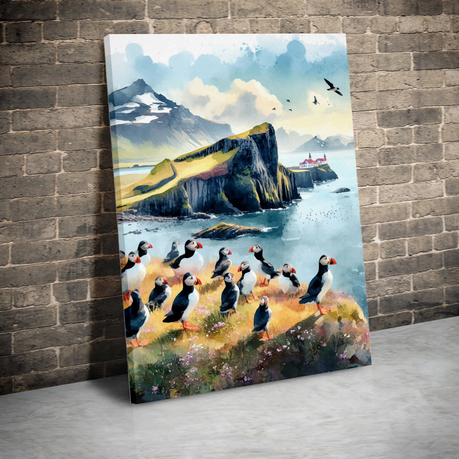Puffin Canvas Wall Art | Watercolor Coastal Bird Painting | Premium Gallery Wrapped Canvas | Modern Coastal Home Decor Gift for Nature Lover