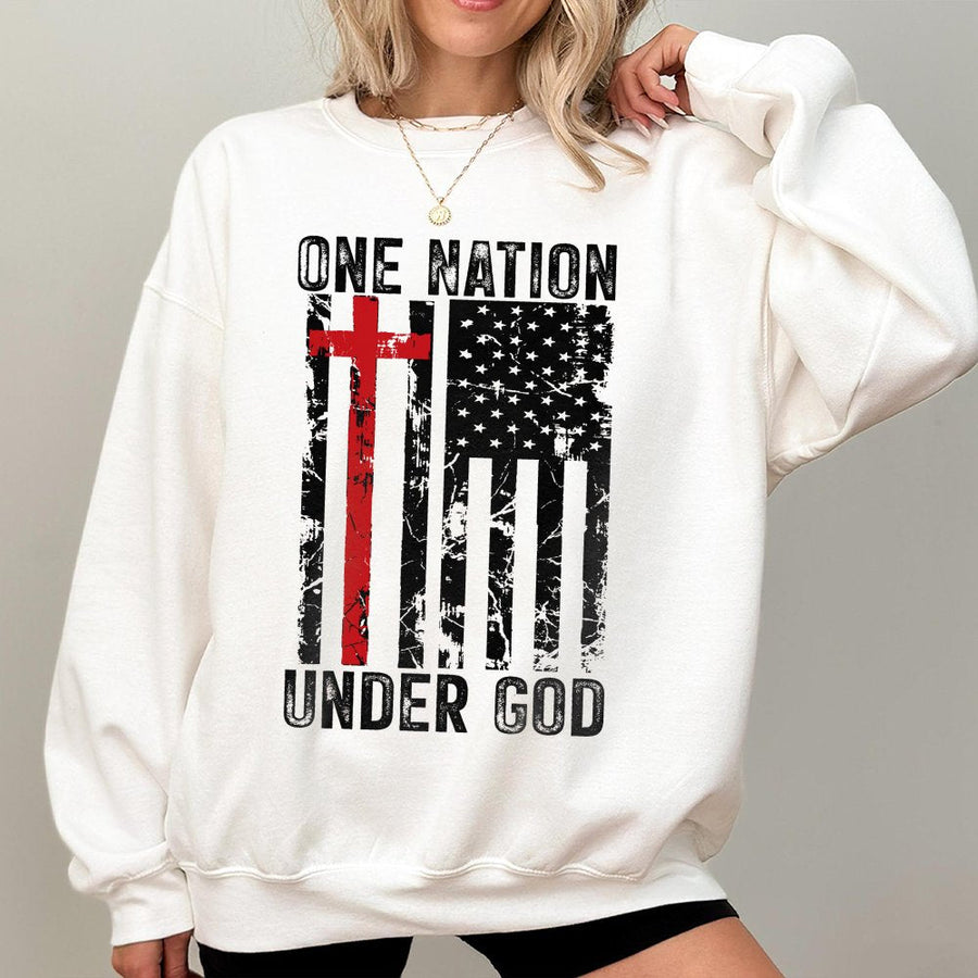 One Nation Under God Sweatshirt | Patriotic American Flag & Cross Design | Premium Cotton Blend | Christian Faith Gift for Men and Women
