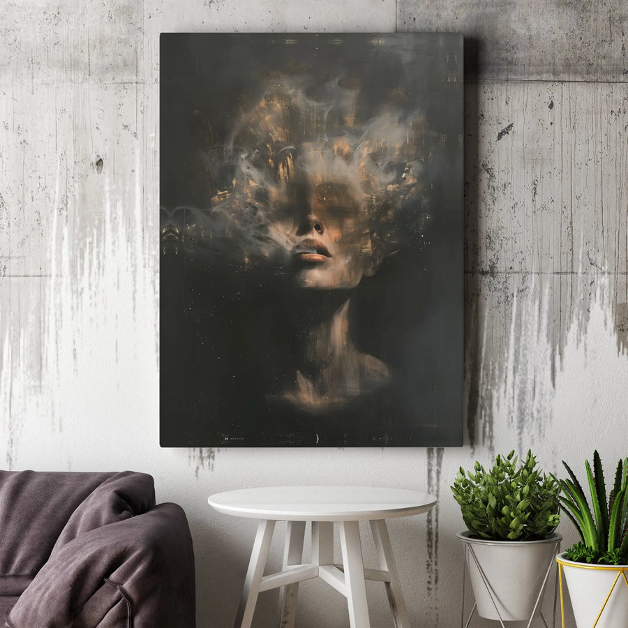Abstract Surreal Portrait Canvas | Smoke And Gold Woman Face Art | Premium Gallery Wrapped Print | Modern Minimalist Home Decor Gift