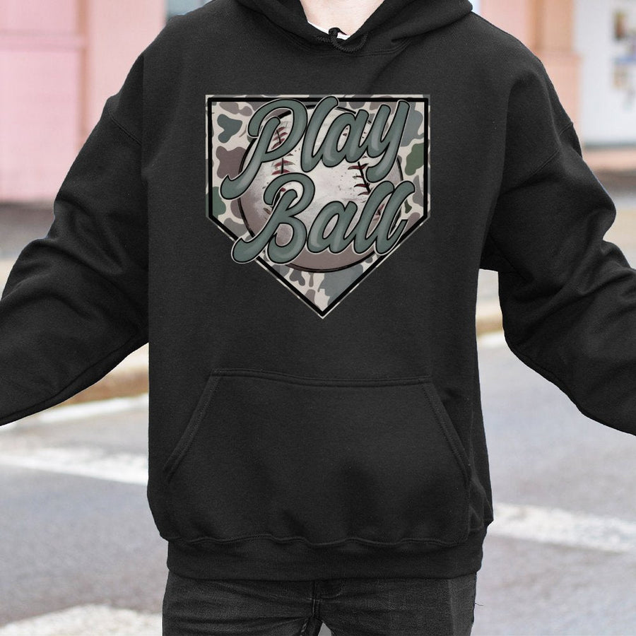 Play Ball Baseball Hoodie | Camo Home Plate Graphic Design | Premium Cotton-Blend Pullover | Sports Fan Gift for Men and Women