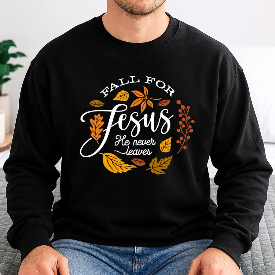 Fall For Jesus Sweatshirt | He Never Leaves Faith Design | Premium Cotton Blend Crewneck | Christian Autumn Apparel Gift for Women