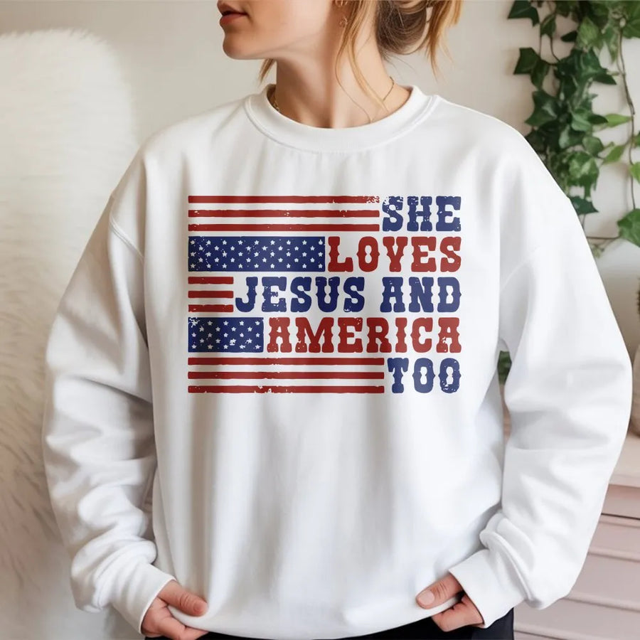 She Loves Jesus And America Too Sweatshirt | Retro Flag Graphic Print | Premium Cotton Blend | Patriotic Christian Gift For Women