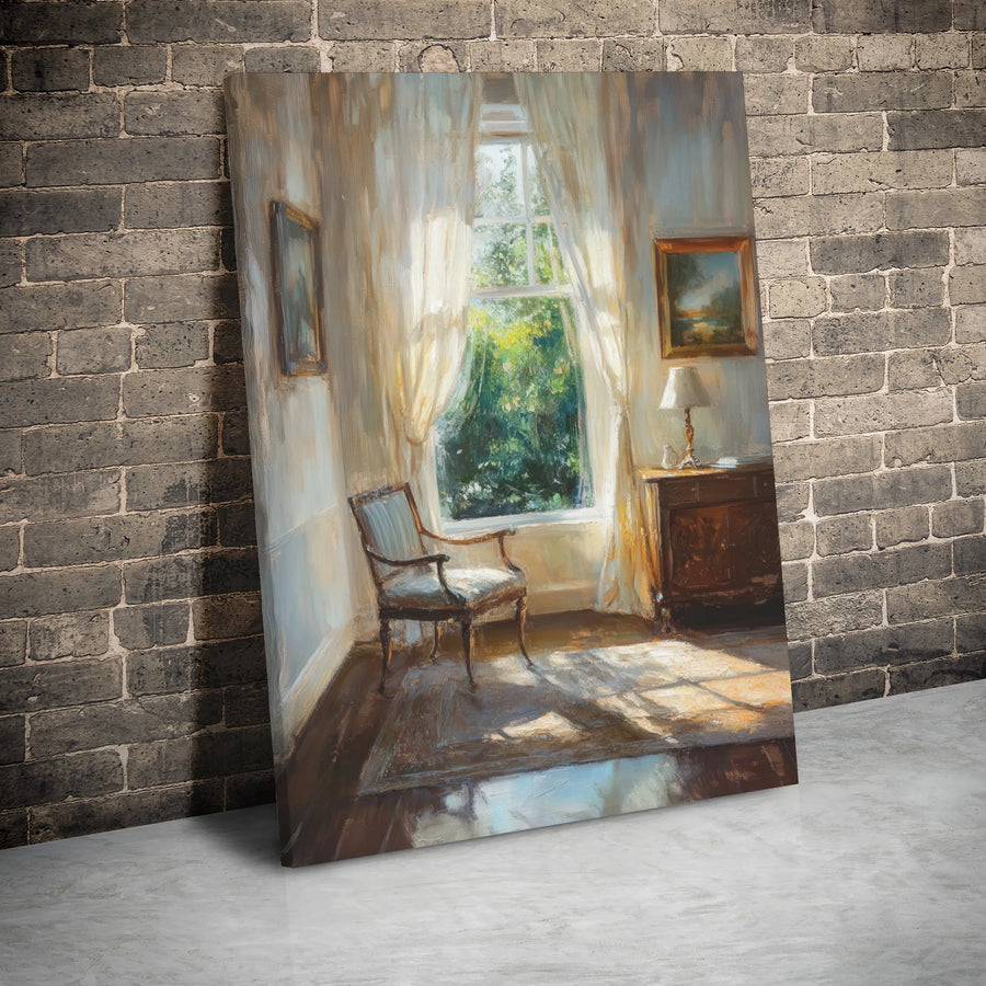 Sunlit Interior Canvas Wall Art | Impressionist Antique Chair Painting | Gallery Wrapped Premium Decor | Elegant Home and Office Living Room Gift
