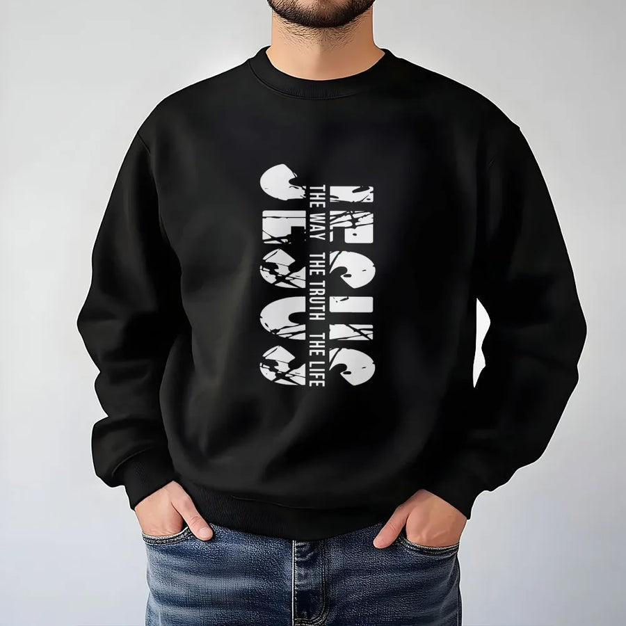 Jesus The Way The Truth The Life Sweatshirt | Vertical Distressed Typography Design | Premium Cotton Blend | Christian Religious Gift For Men And Women