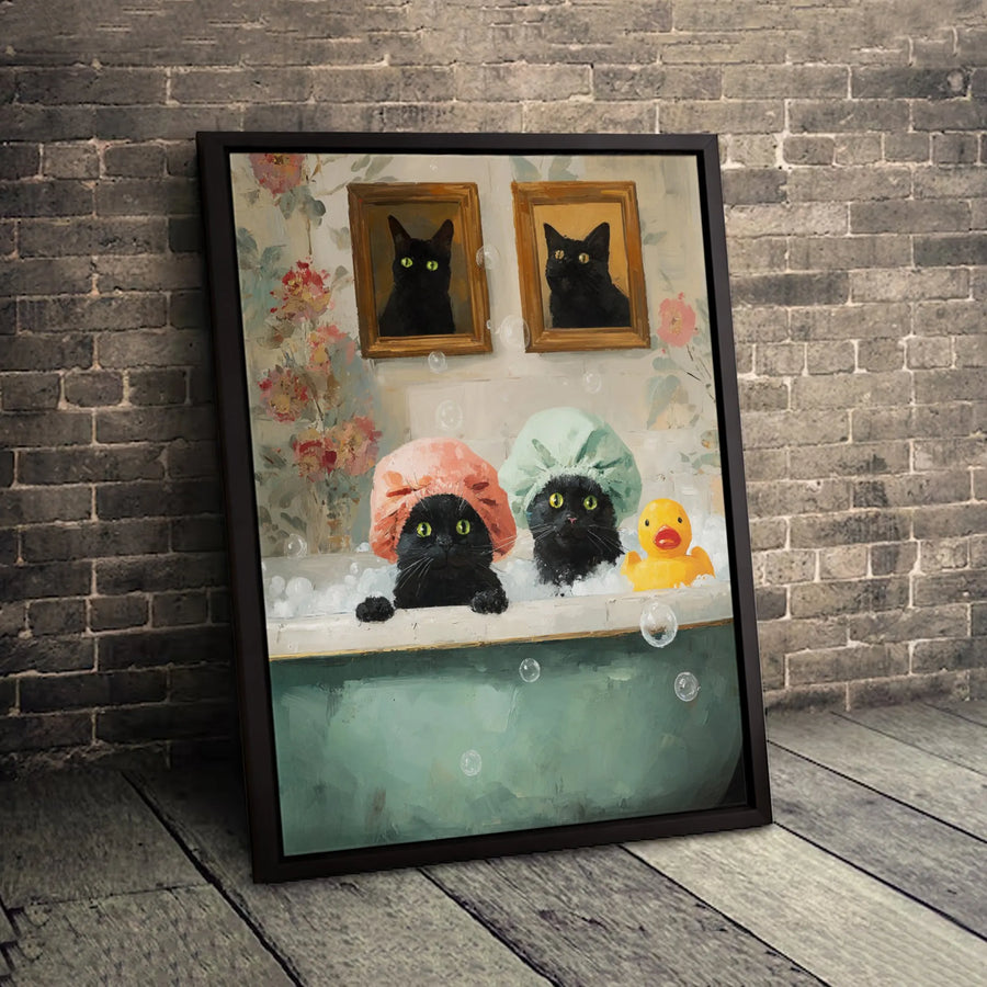 Black Cat Bathroom Wall Art | Funny Cats In Bathtub With Shower Caps Print | Premium Gallery Canvas | Whimsical Home Decor Gift