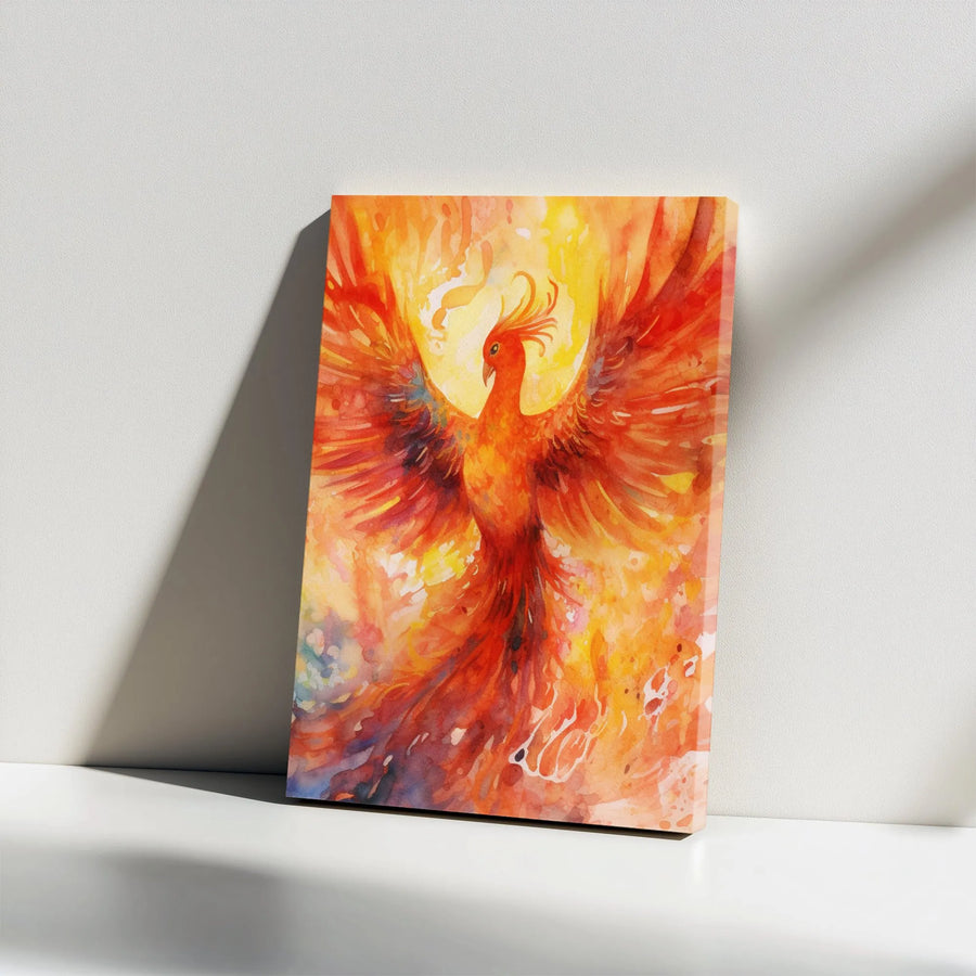 Fiery Phoenix Rising Canvas Wall Art | Abstract Watercolor Bird Print | Premium 1.25-Inch Gallery Wrap | Mythical Home Decor Gift