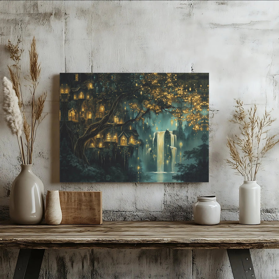 Enchanted Treehouse Canvas Wall Art | Glowing Fairy Forest Waterfall | Premium Gallery Wrapped Decor | Fantasy Room Gift for Home