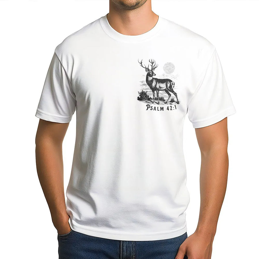 Psalm 42:1 Christian T-Shirt | Vintage Deer Graphic Tee | Soft Breathable Cotton | Religious Faith Gift for Men
