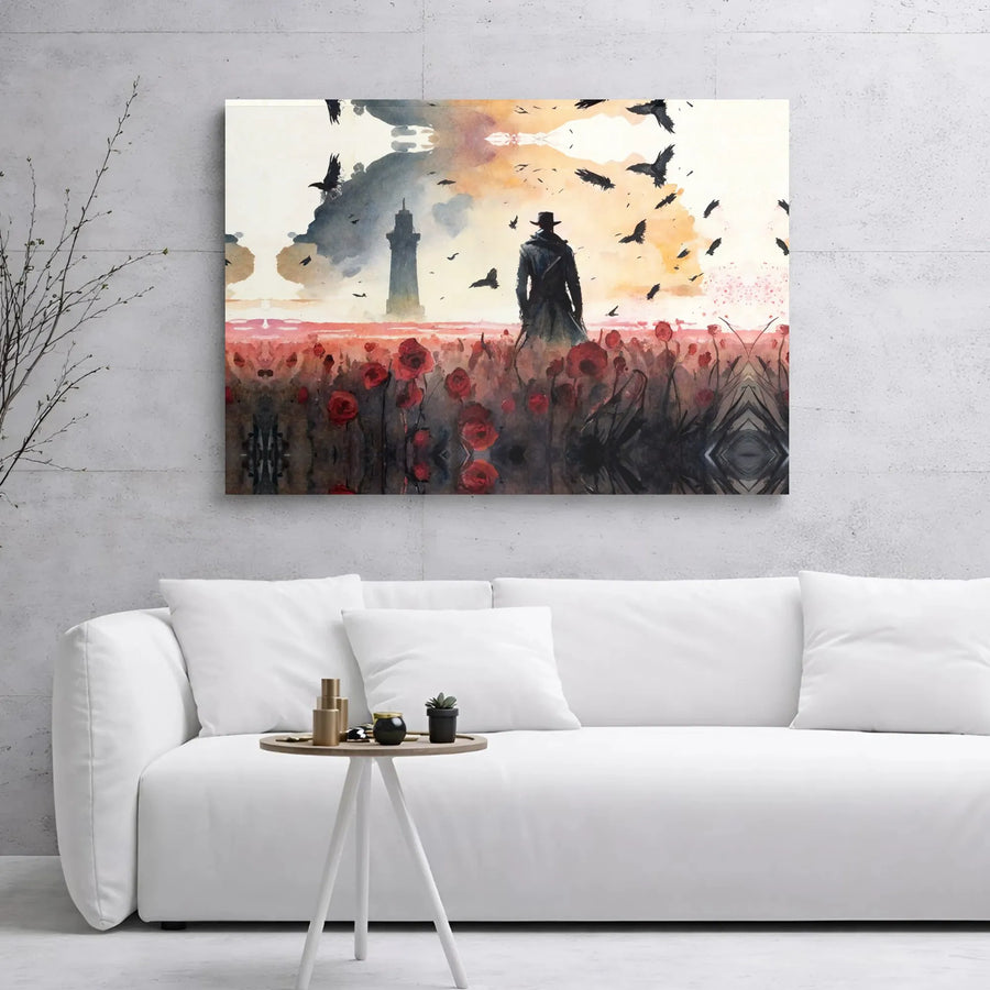 Mysterious Man in Trench Coat Canvas Art | Watercolor Lighthouse Poppy Field Print | Premium Gallery Wrap | Dark Aesthetic Wall Decor