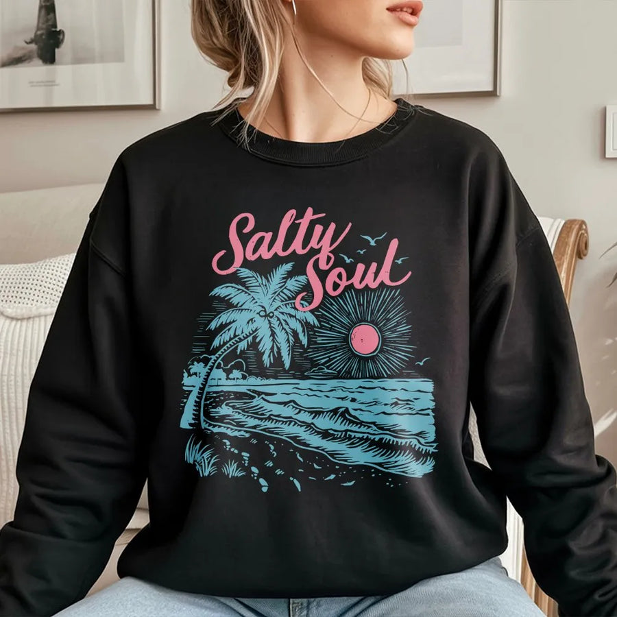Salty Soul Sweatshirt | Retro Summer Beach Graphic | Premium Cotton Blend Pullover | Tropical Vacation Gift for Beach Lovers