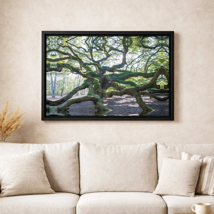 Angel Oak Tree Canvas Wall Art | Symmetrical Mossy Branch Kaleidoscope Print | Premium Gallery-Wrapped Decor | Nature Lover Home Office Gift