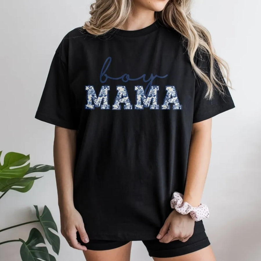 Boy Mama T-Shirt | Blue Toile Floral Lettering | Premium Soft Cotton | New Mom Pregnancy Announcement & Baby Shower Gift