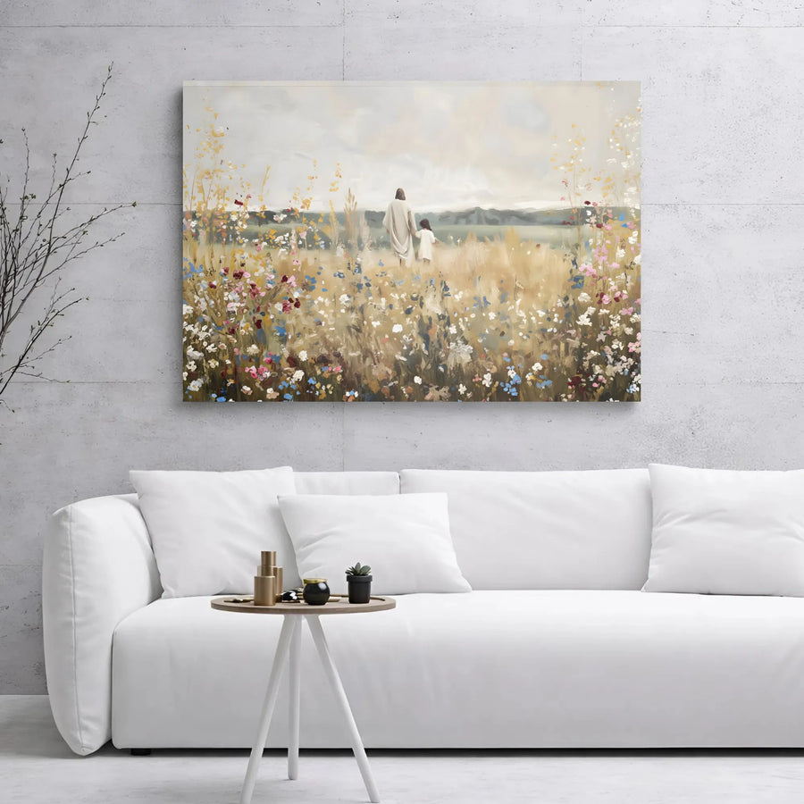 Jesus and Child Canvas Wall Art | Walking in Wildflower Meadow | Premium Gallery Wrap Print | Christian Religious Home Decor Gift