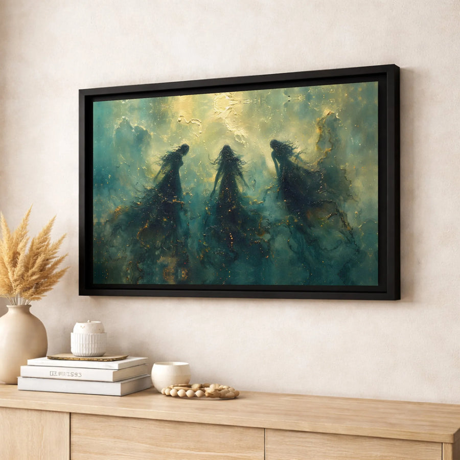 Ethereal Three Figures Wall Art | Abstract Celestial Nebula Canvas | Premium Fade-Resistant Print | Mystical Home Decor for Living Room